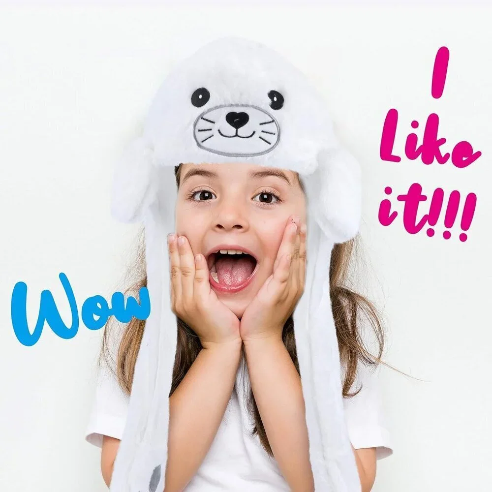 Kids Seal Animal Hat with Ears Moving Jumping Pop Up Beating Plush Holiday